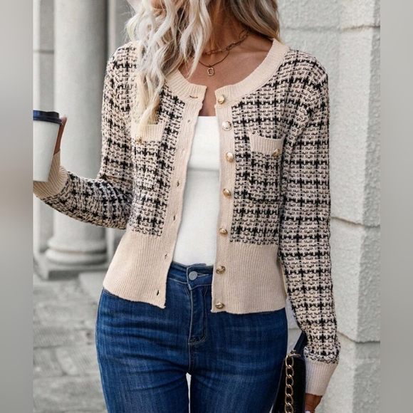 New Chic Plaid Tweed Knit Cardigan Sweater Black Beige Cream Tan - Picture 2 of 8